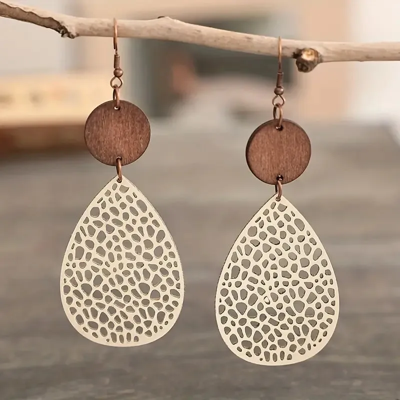 Vintage Hollow Leaf Shape PU Leather Earrings