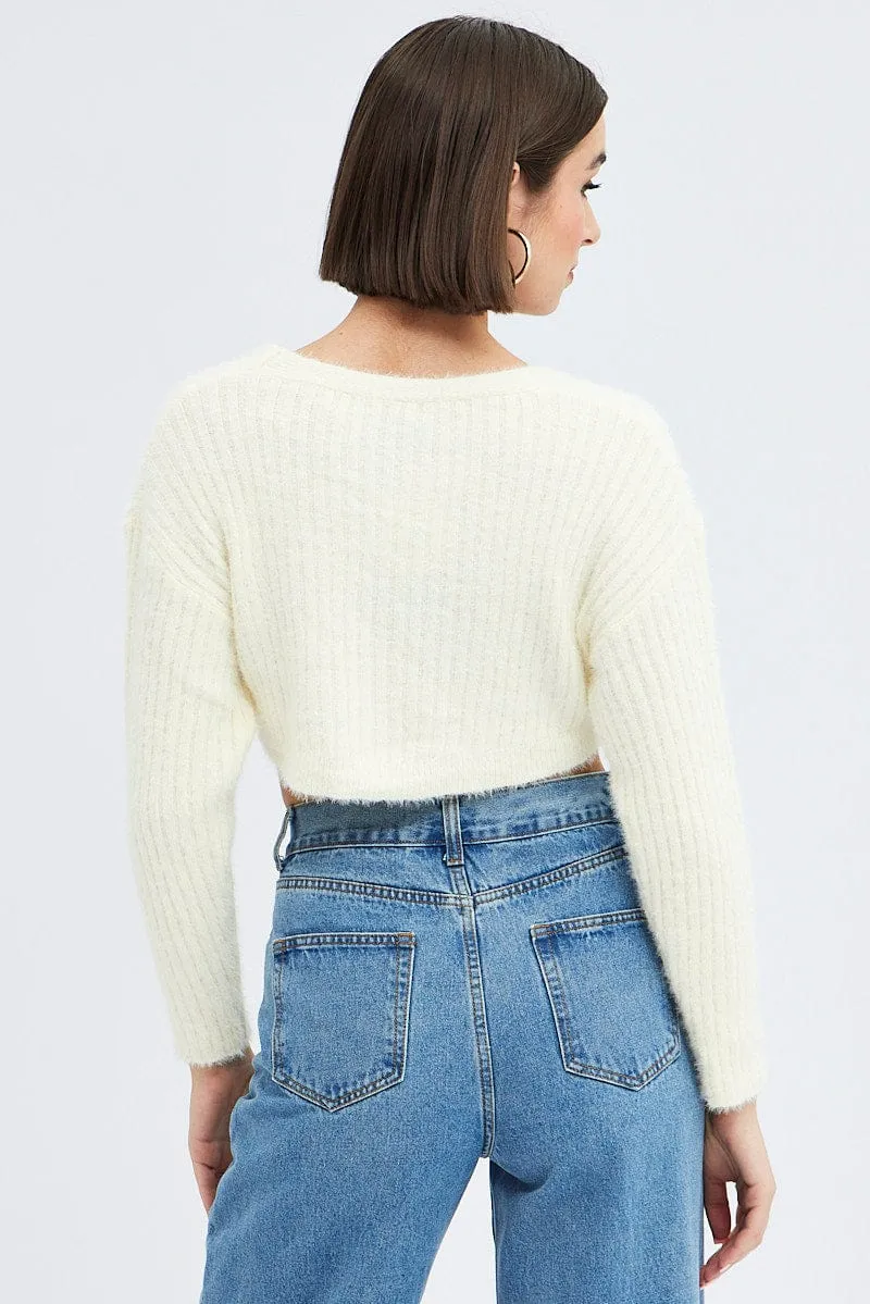 White Crop Knit Cardigan V Neck