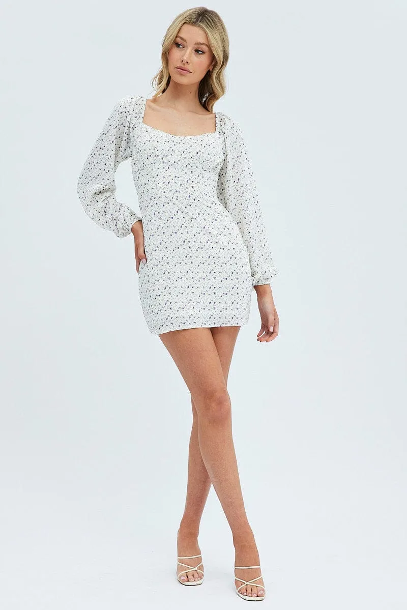 White Floral Midi Dress Long Sleeve Gathering Bust
