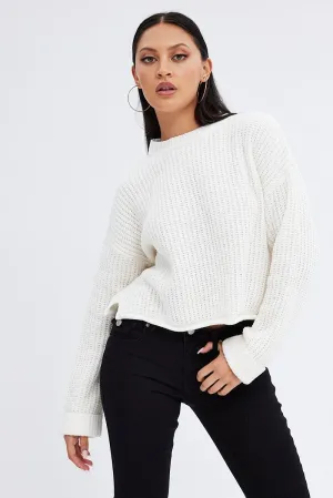 White Knit Jumper Round Neck Chenille