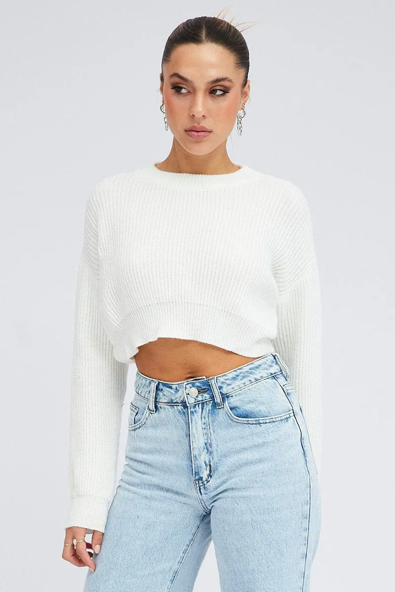 White Knit Jumper Round Neck Long Sleeve Crop