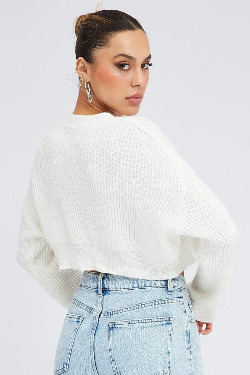White Knit Jumper Round Neck Long Sleeve Crop