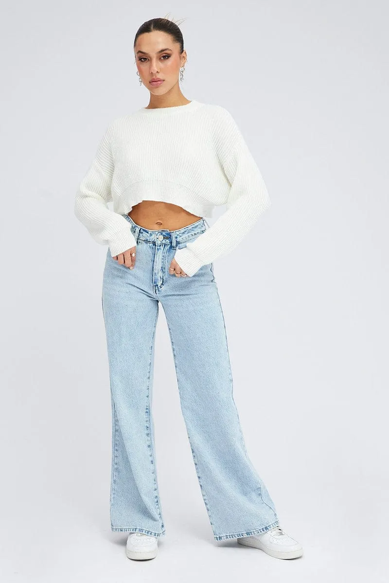 White Knit Jumper Round Neck Long Sleeve Crop