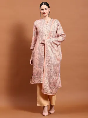 Winter Women Peach Floral Print Kurta Comfort Pant Dupatta