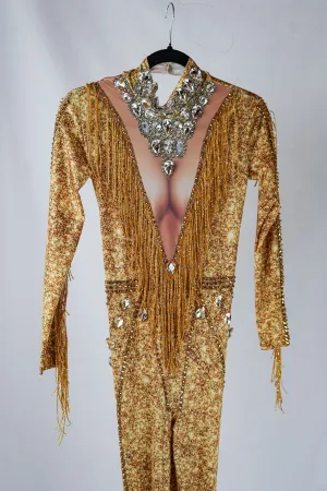 Yellow Long Sleeve Bodycon Bodysuit with Gold Adornments and Crystals