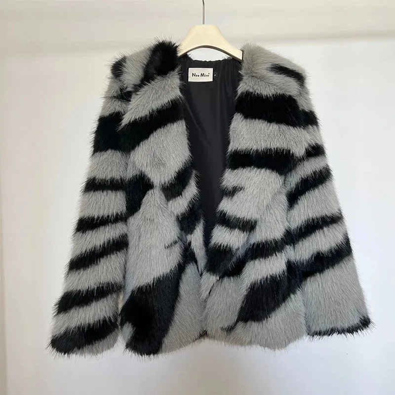 Zebra Striped Stylish Faux Fur Coat