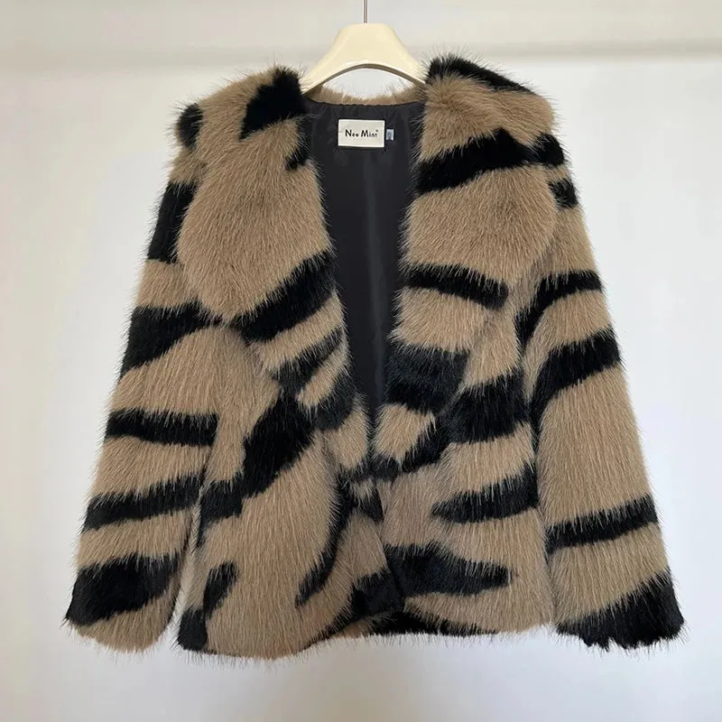 Zebra Striped Stylish Faux Fur Coat