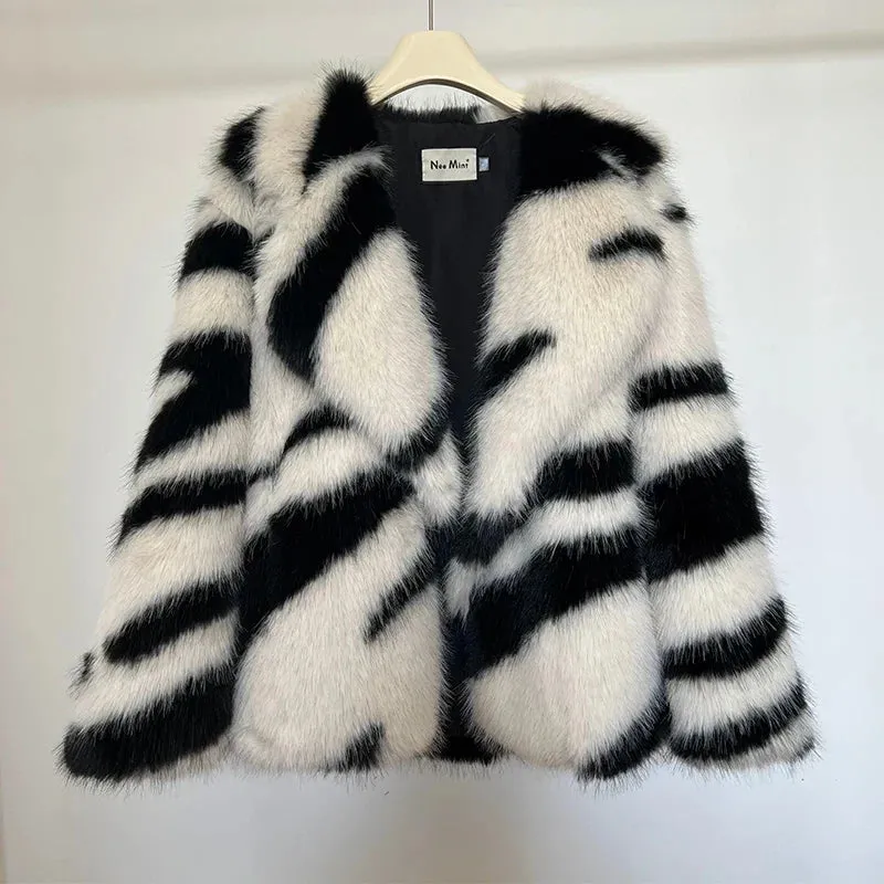 Zebra Striped Stylish Faux Fur Coat