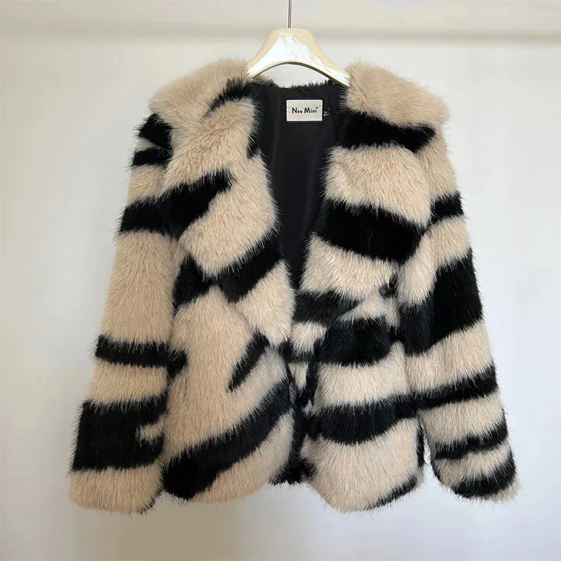 Zebra Striped Stylish Faux Fur Coat