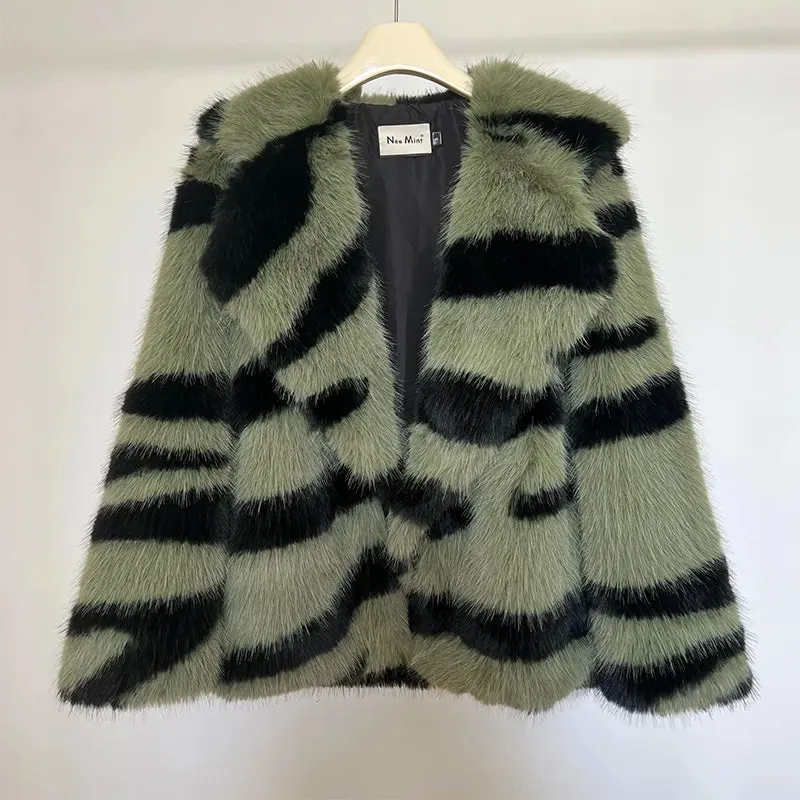 Zebra Striped Stylish Faux Fur Coat